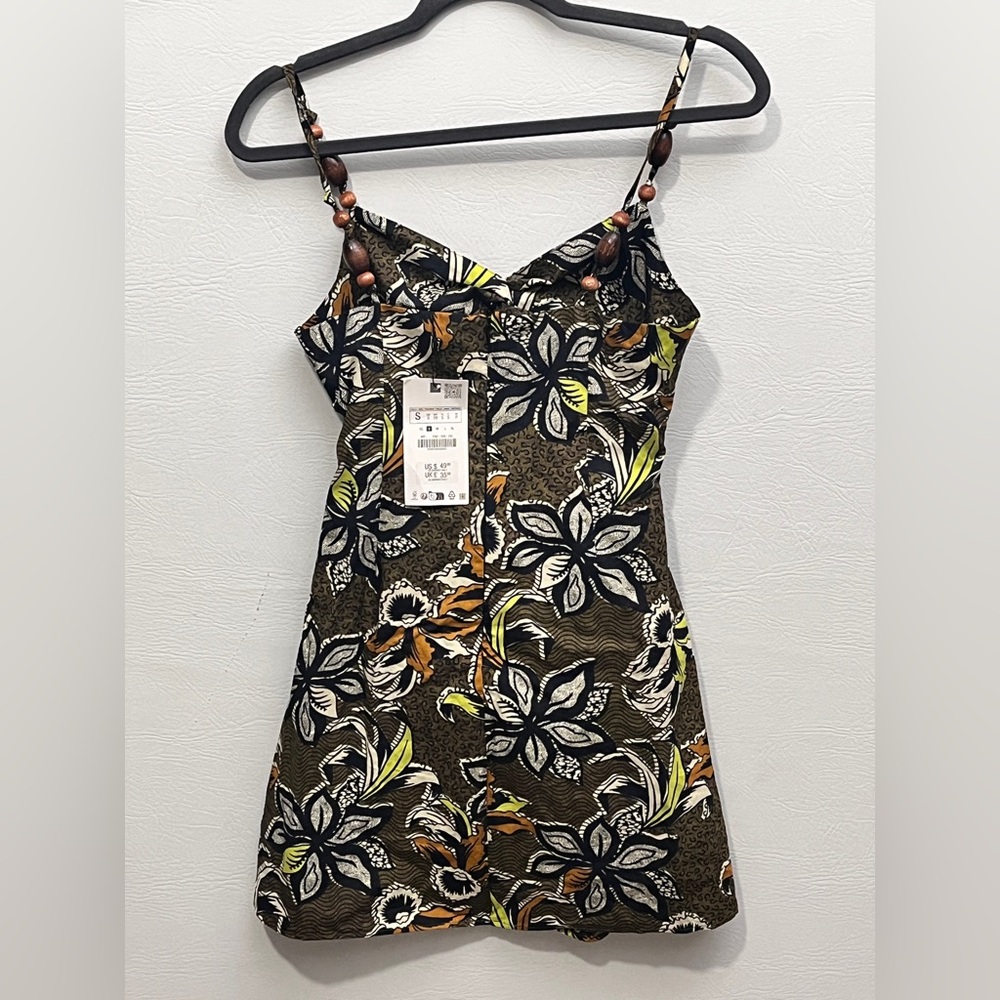 Zara Ethnic Print Beaded Floral Dress - Black, White, Green, Brown Small - Picture 5 of 16